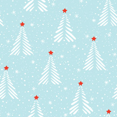 Hand drawn linocut abstract Christmas trees, snow, stars vector seamless pattern background. Winter Holiday Scandinavian