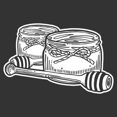 Honey in pot with wooden spoon. Vector concept in doodle and sketch style. Hand drawn illustration for printing on T-shirts, postcards.