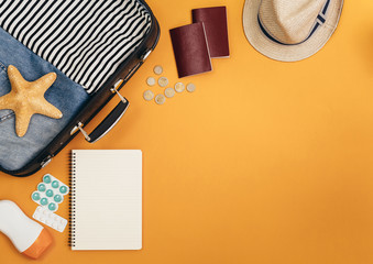flat lay of travel summer accessories with copy space