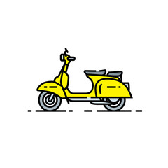 Obraz premium Classic scooter line icon. Retro motorcycle symbol. Ladies yellow vintage scooter sign. Vector illustration.