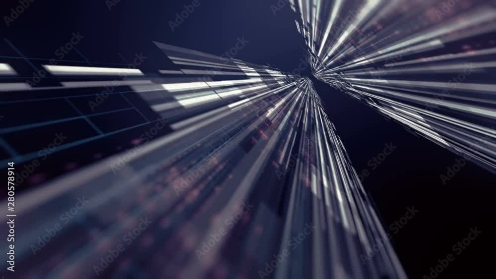 Aufkleber Computer generated high tech digital technology loop animation. Abstract background of different shapes with hight detailed elements. Geometry lines with dashes and glow. 3d rendering. 4k UHD video.