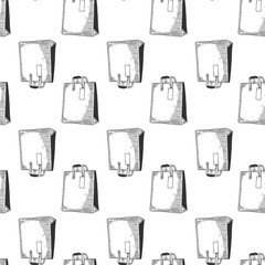Paper bag for shopping or presents. Vector concept in doodle and sketch style. Hand drawn illustration for printing on T-shirts, postcards. Seamless pattern for textile, paper .