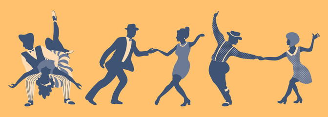Group of people dancing swing. Men and women in 1940s or 1950s style performing lindy hop or boogie woogie. Vector illustration in blue and yellow colors.