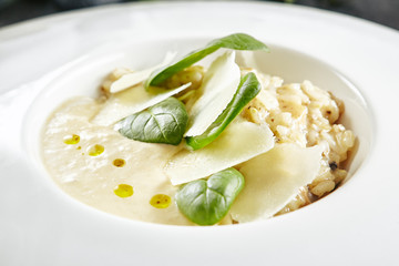 Risotto with Cep Mushroom Stew, Parmesan Cheese and Greens