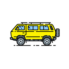 4WD van line icon. Offroad microbus symbol. Yellow all-terrain 4x4 minibus motor vehicle sign. Vector illustration.