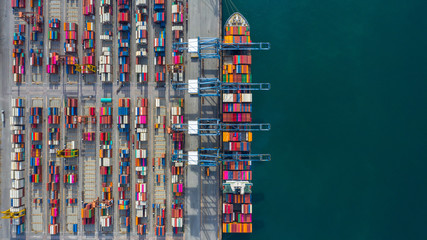 Aerial view cargo ship terminal, Unloading crane of cargo ship terminal, Aerial view industrial port with containers and container ship. - obrazy, fototapety, plakaty