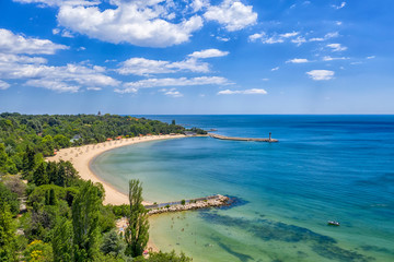 A beautiful aerial view to Euxinograd bay from the shore. Varna, Bulgaria - obrazy, fototapety, plakaty