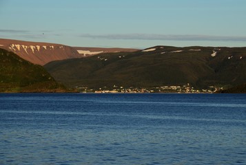 view across the East Arm of the Bonne Bay towards the Tablelands and Lookout Hills early morning...