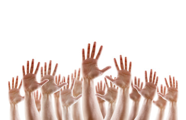 Group of raised hands with open palms isolated on white background