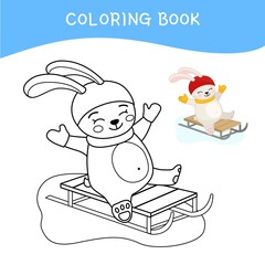 Coloring book for children. Cartoon cute hare sledding. Winter illustration.