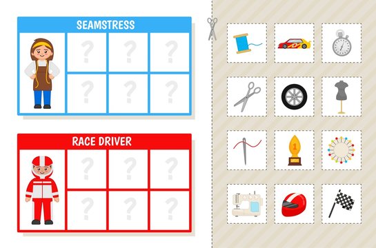 Matching children educational game. Learning cards. Match objects and professions. Activity for pre sсhool years kids and toddlers.