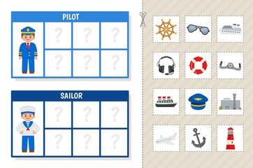 Matching children educational game. Learning cards. Match objects and professions. Activity for pre sсhool years kids and toddlers.