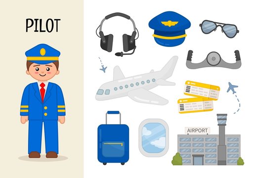 Vector character pilot. Illustrations of diver equipment. Set of cartoon professions.