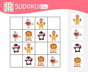 Fototapeta na wymiar Sudoku game for children with pictures. Kids activity sheet. Cartoon cute animals.