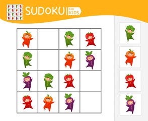 Fototapeta na wymiar Sudoku game for children with pictures. Kids activity sheet. Cartoon cute kids in vegetables costumes.