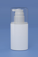 White cream container with pump on blue. Soap bottle mockup. Toothpaste bottle pump mockup. Cosmetic pump bottle. Plastic pump container. Plastic pump bottle.