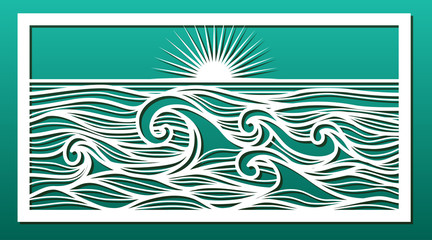Laser cut template. Stencil for wood or metal cutting or carving, paper art, wall decorative panel for interior design. Sea landscape with waves and sunset. Vector illustration