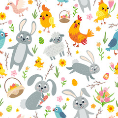 Easter seamless pattern. Holiday vintage background with cartoon Easter symbol.
