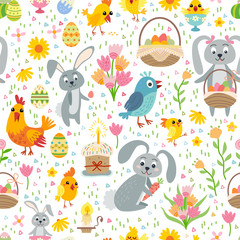 Naklejka premium Easter seamless pattern. Holiday vintage background with cartoon Easter symbol.