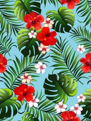 Fotobehang Tropische Bladeren Trendy vector pattern in tropical style. Seamless botanical print for textile, print, fabric on hand drawn background.  © Logunova  Elena