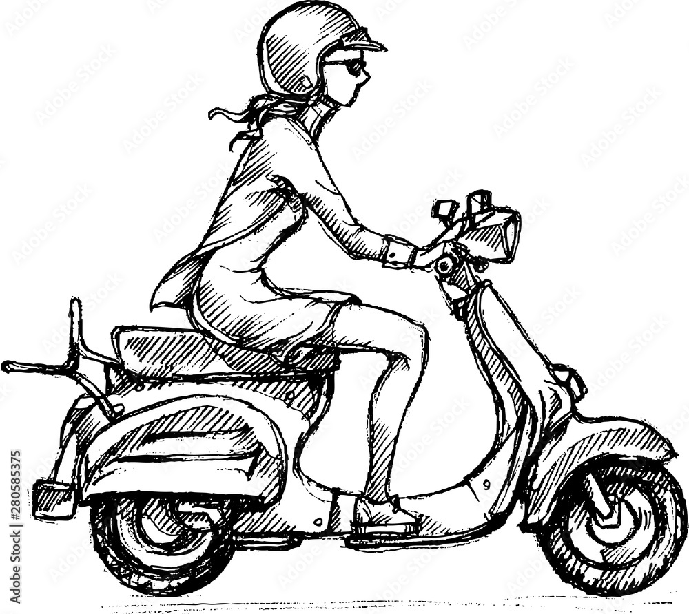 Canvas Prints female on scooter bike, line art