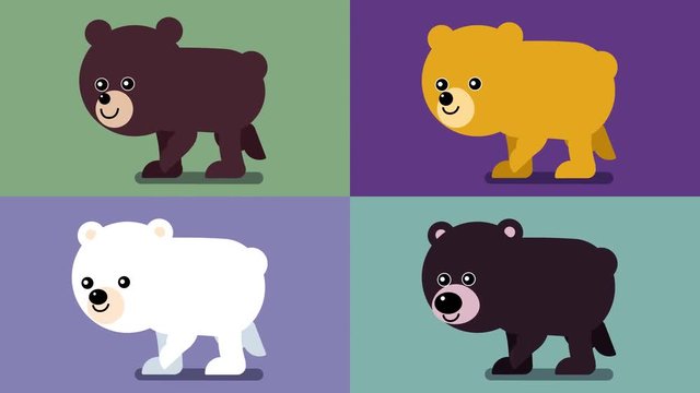 100 baby animals. Set adorable bears. Walk cycle of four cute baby bears, brown, black and white. 2D animation made in 4K, loopable clip with alpha channel. Isolated
