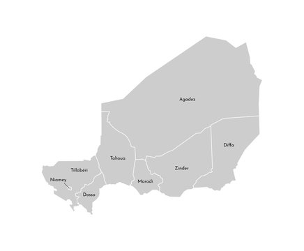 Vector isolated illustration of simplified administrative map of Niger. Borders and names of the regions. Grey silhouettes. White outline