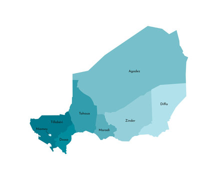 Vector isolated illustration of simplified administrative map of Niger. Borders and names of the regions. Colorful blue khaki silhouettes