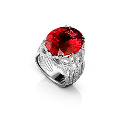 Isolated white gold ring with diamonds and huge red ruby