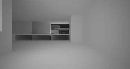 Abstract architectural white and black gloss interior of a minimalist house with large windows.. 3D illustration and rendering.
