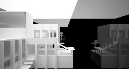 Abstract architectural white and black gloss interior of a minimalist house with large windows.. 3D illustration and rendering.