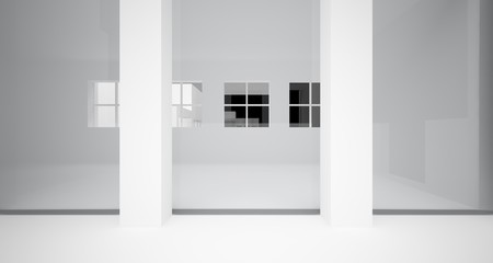 Abstract architectural white and black gloss interior of a minimalist house with large windows.. 3D illustration and rendering.