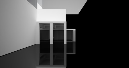 Abstract architectural white and black gloss interior of a minimalist house with large windows.. 3D illustration and rendering.