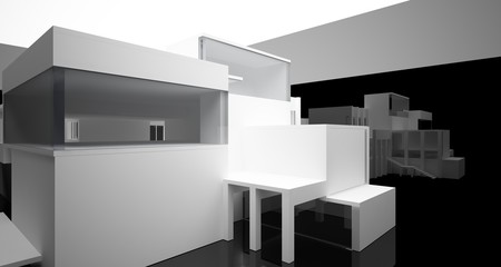 Abstract architectural white and black gloss interior of a minimalist house with large windows.. 3D illustration and rendering.