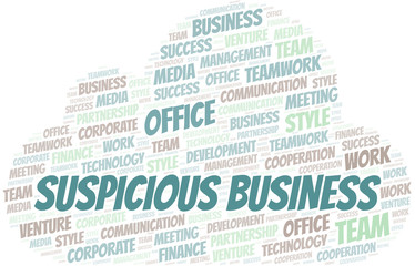 Obraz premium Suspicious Business word cloud. Collage made with text only.