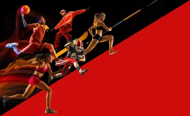 Foto op Plexiglas Creative collage of sportsmen in action of game. Black and red background. Advertising, sport, healthy lifestyle, motion, activity, movement concept. American football, basketball, pole vault. © master1305