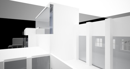 Abstract architectural white and black gloss interior of a minimalist house with large windows.. 3D illustration and rendering.