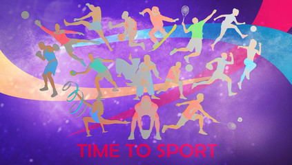 Creative collage of drawned silhouettes of sportsmen. Advertising, sport, healthy lifestyle, motion, activity, movement concept. American football, soccer, tennis volleyball box badminton rugby