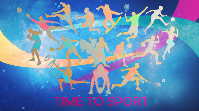 Creative collage of drawned silhouettes of sportsmen. Advertising, sport, healthy lifestyle, motion, activity, movement concept. American football, soccer, tennis volleyball box badminton rugby