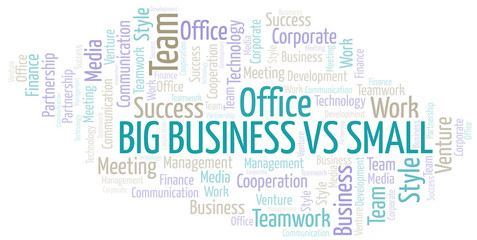 Big Business Vs Small word cloud. Collage made with text only.