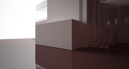 Fototapeta premium Abstract architectural white and brown gloss interior of a minimalist house with large windows.. 3D illustration and rendering.