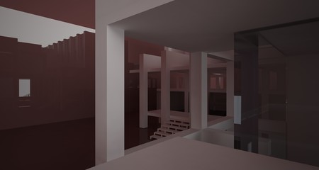 Abstract architectural white and brown gloss interior of a minimalist house with large windows.. 3D illustration and rendering.