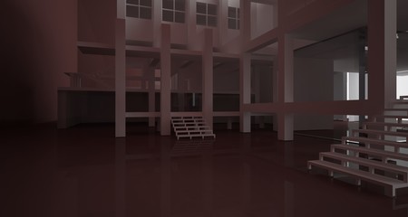 Abstract architectural white and brown gloss interior of a minimalist house with large windows.. 3D illustration and rendering.