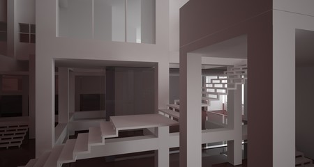 Abstract architectural white and brown gloss interior of a minimalist house with large windows.. 3D illustration and rendering.