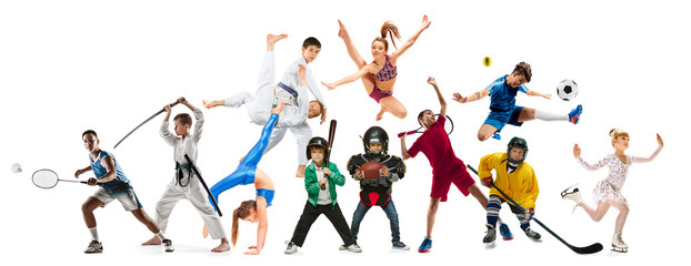 Creative collage of photos of 10 models. Advertising, sport, healthy lifestyle, motion, activity,...