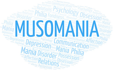 Musomania word cloud. Type of mania, made with text only.