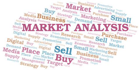 Market Analysis word cloud. Vector made with text only.