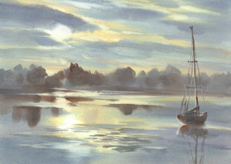 A lake in the evening light watercolor background. Water reflections