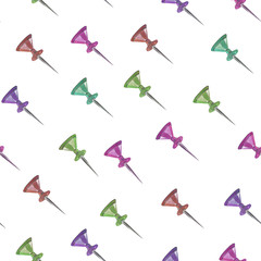 Seamless watercolor pattern of stationery buttons, on a white background, for design or print.