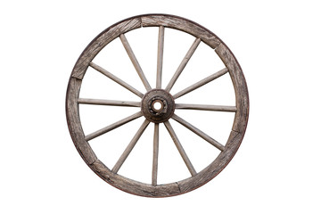 Fototapeta premium Carriage Wooden Wheel. Cartwheel All Weathered and Rusty Isolated On White Background